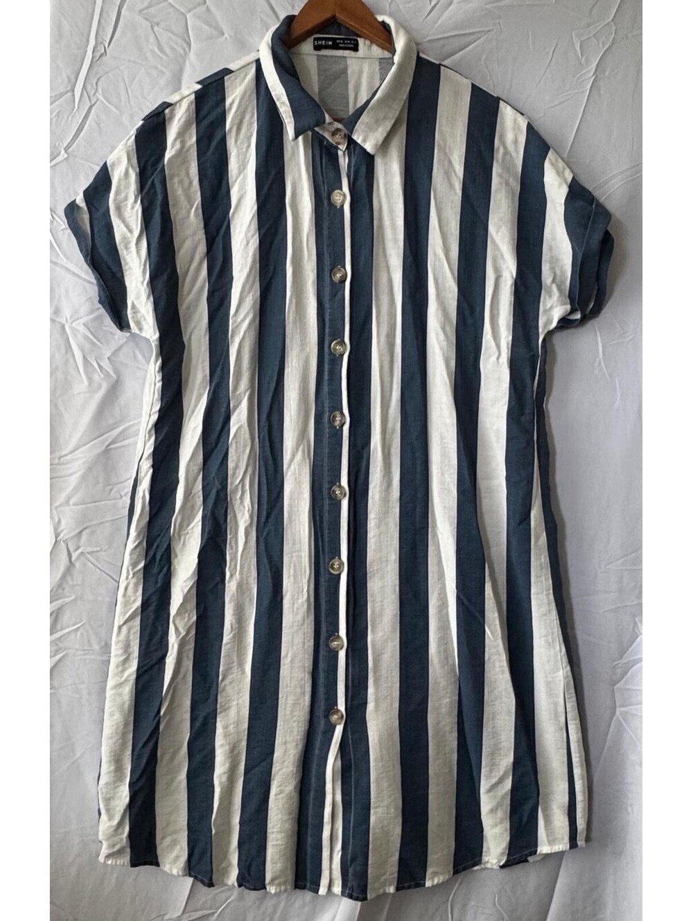 SHEIN Shirt Dress XL US 12 Blue White Stripe Button Front Short Sleeve